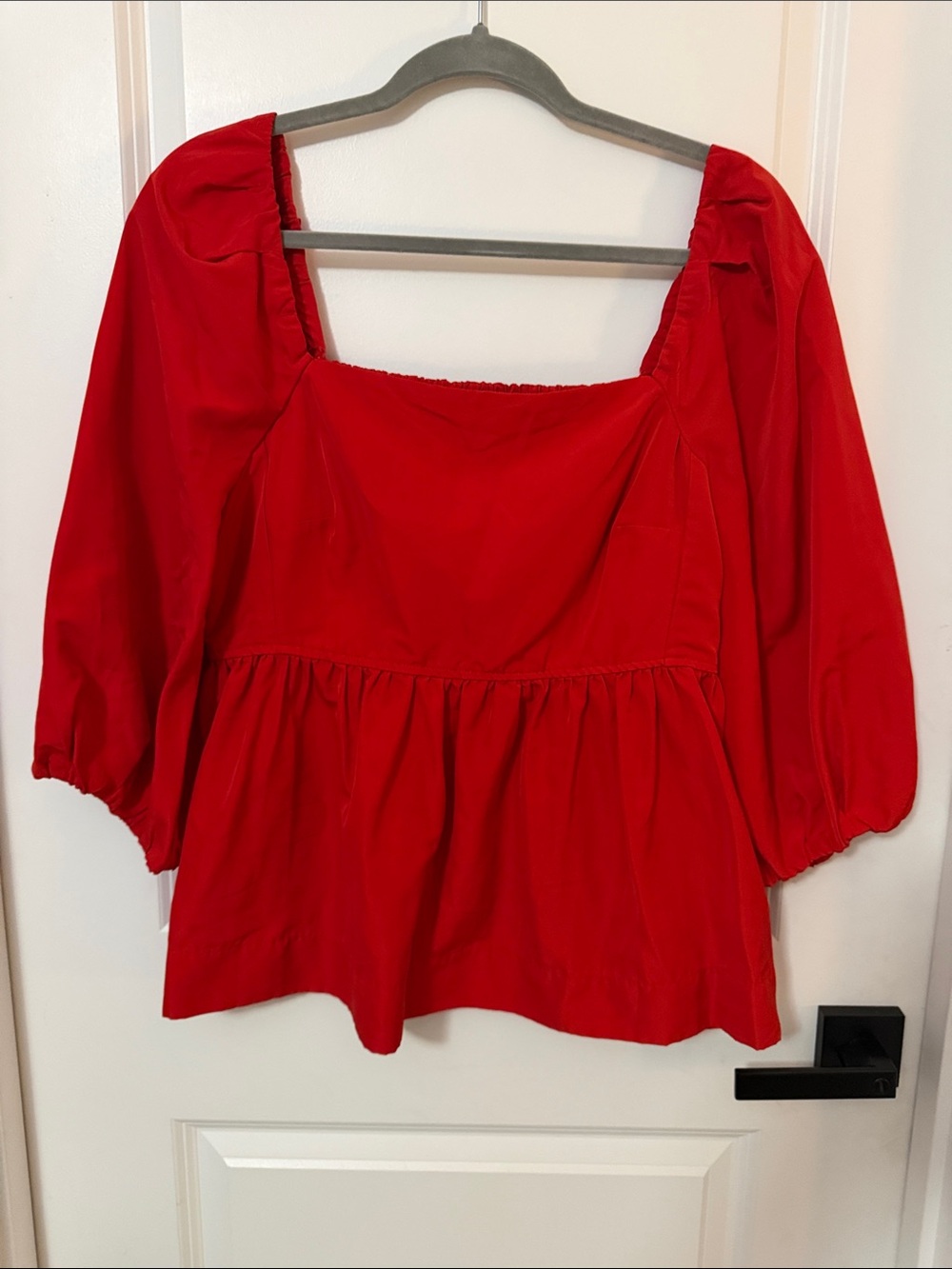 Square-Neck Red Peasant Blouse with Gathered Waist - Women Tops